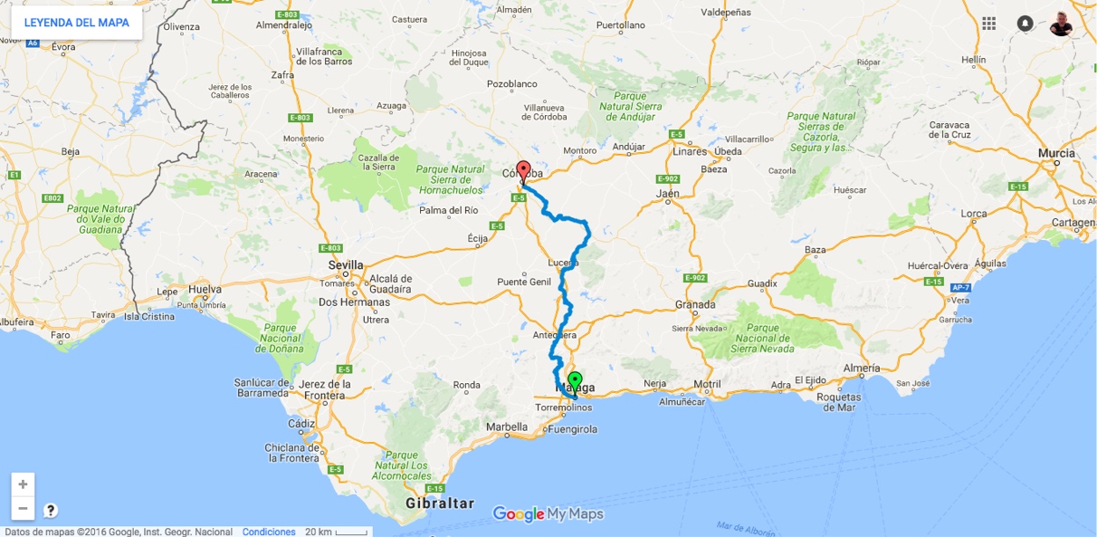 Unsere Strecke - 200 Kilometer von Malaga nach Cordoba